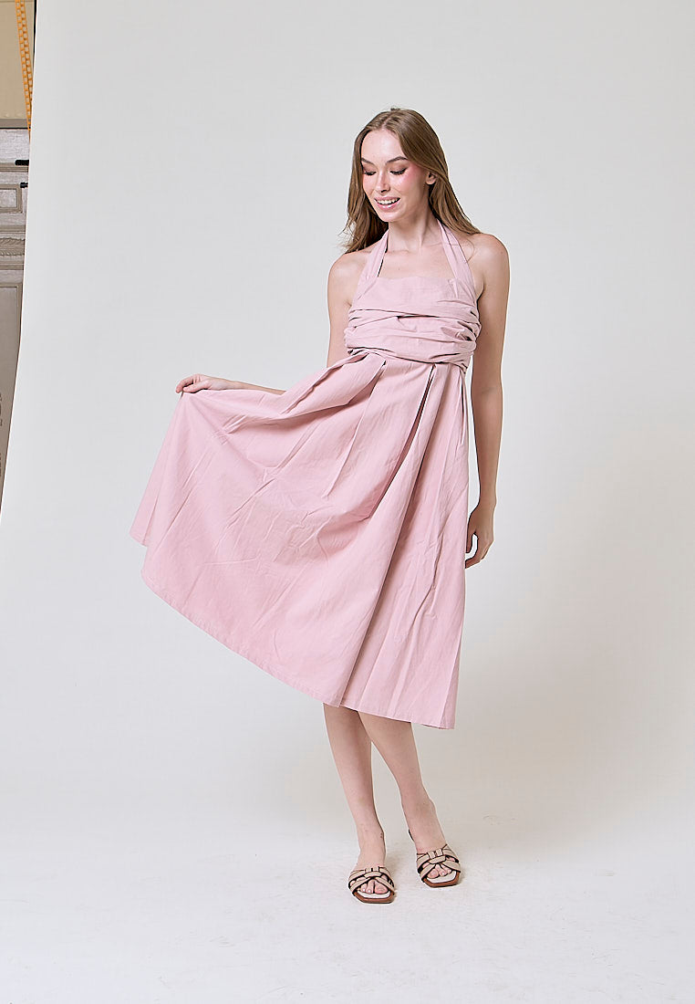 Melantha Old Rose Cowl Halter Midi Dress