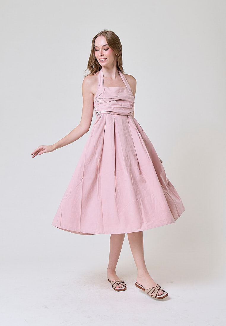 Melantha Old Rose Cowl Halter Midi Dress