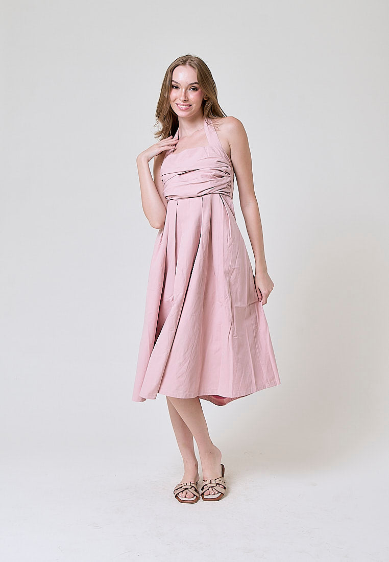 Melantha Old Rose Cowl Halter Midi Dress