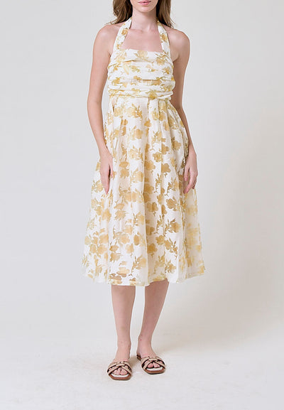 Melantha Yellow Floral Lace Cowl Halter Midi Dress