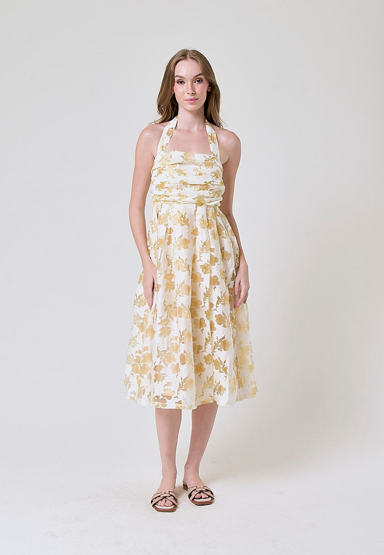 Melantha Yellow Floral Lace Cowl Halter Midi Dress