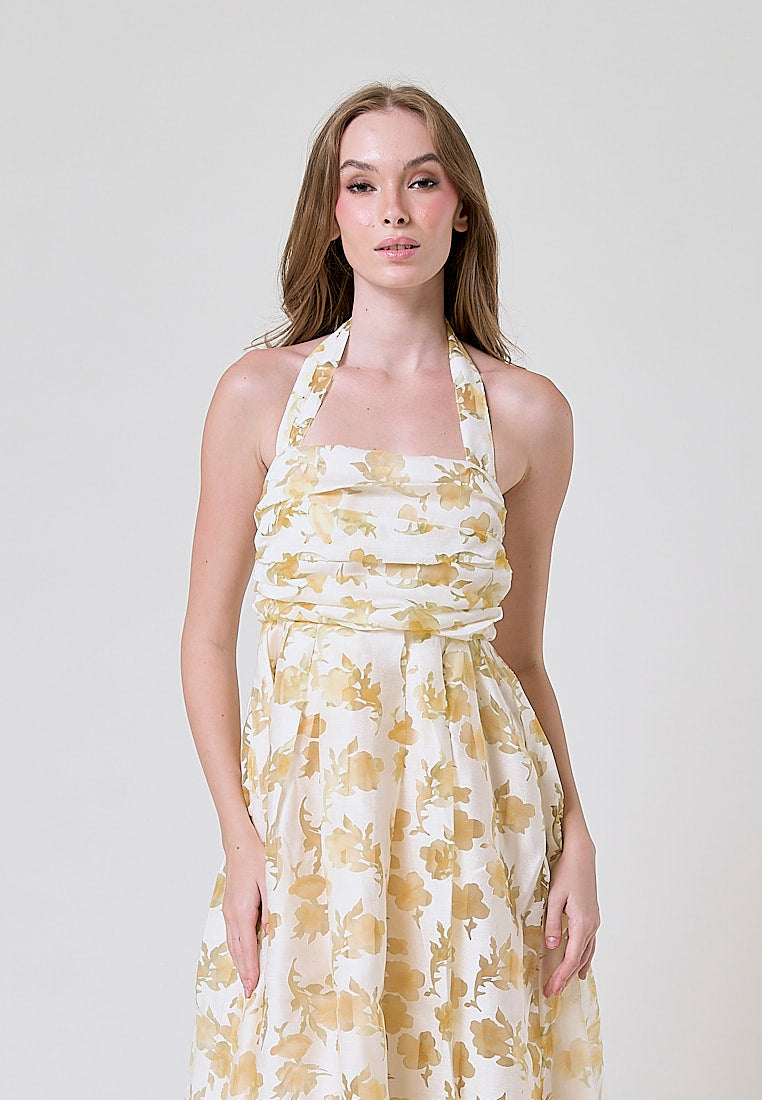 Melantha Yellow Floral Lace Cowl Halter Midi Dress