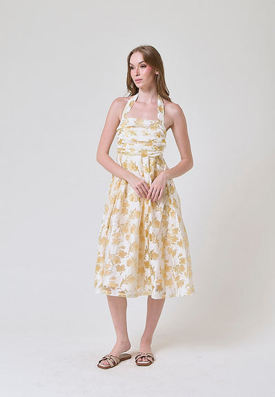 Melantha Yellow Floral Lace Cowl Halter Midi Dress