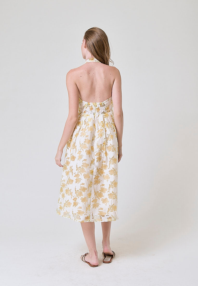 Melantha Yellow Floral Lace Cowl Halter Midi Dress