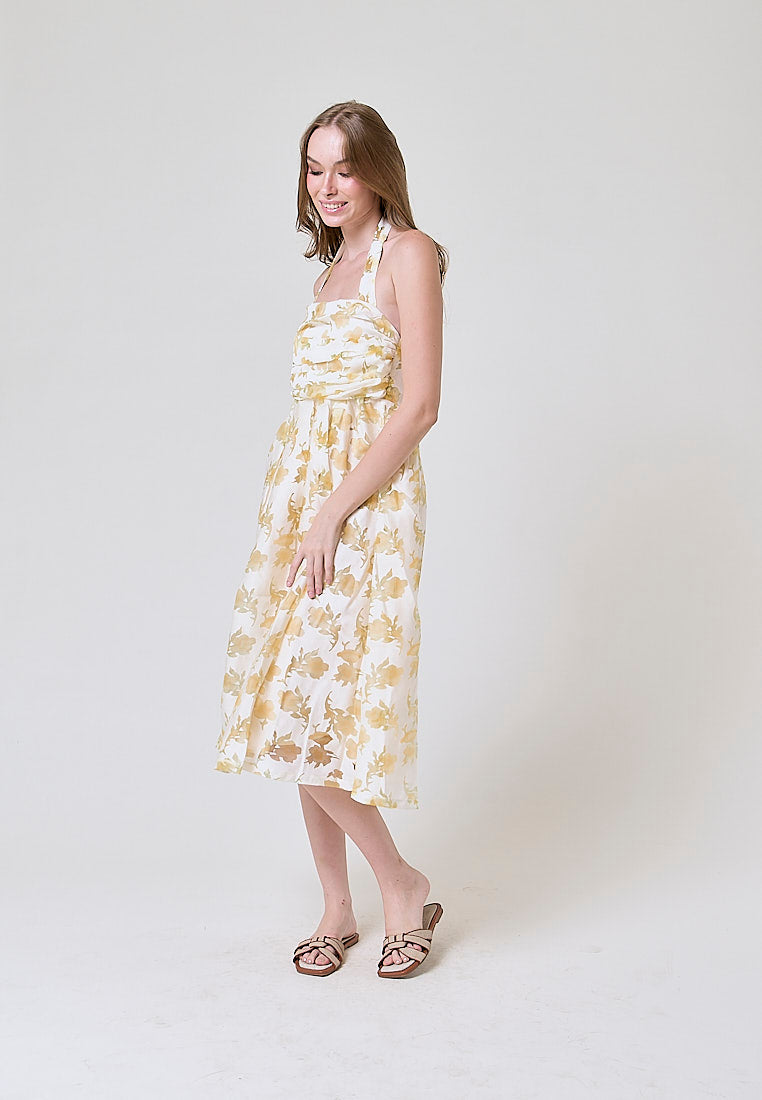 Melantha Yellow Floral Lace Cowl Halter Midi Dress