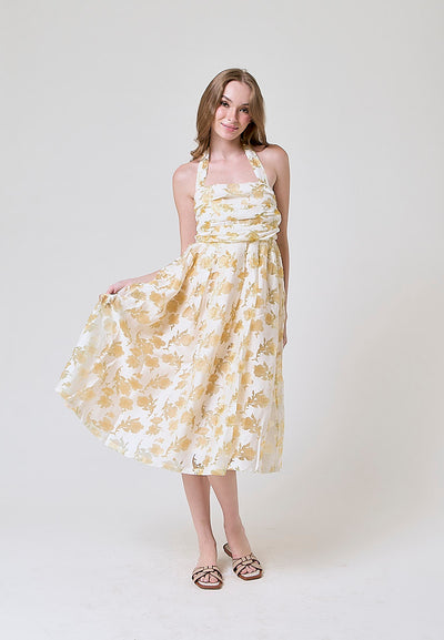 Melantha Yellow Floral Lace Cowl Halter Midi Dress