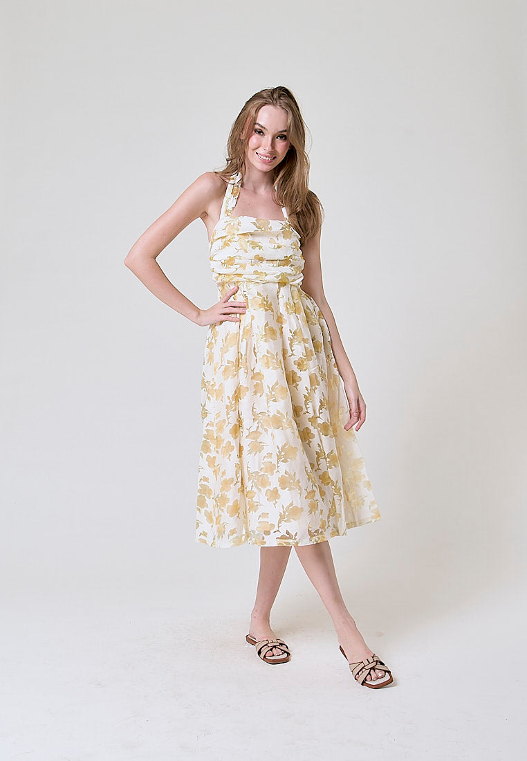 Melantha Yellow Floral Lace Cowl Halter Midi Dress