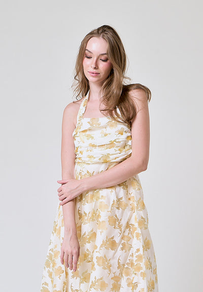 Melantha Yellow Floral Lace Cowl Halter Midi Dress