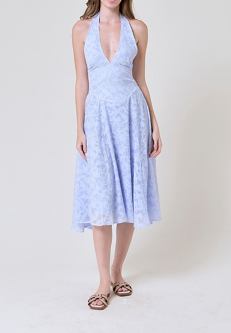 Iggy Light Blue Floral Pattern Halter Midi Dress