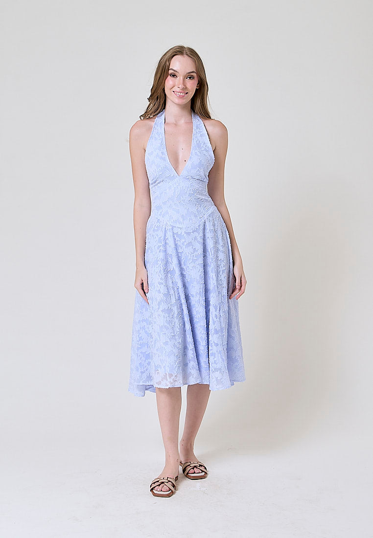 Iggy Light Blue Floral Pattern Halter Midi Dress