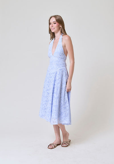 Iggy Light Blue Floral Pattern Halter Midi Dress