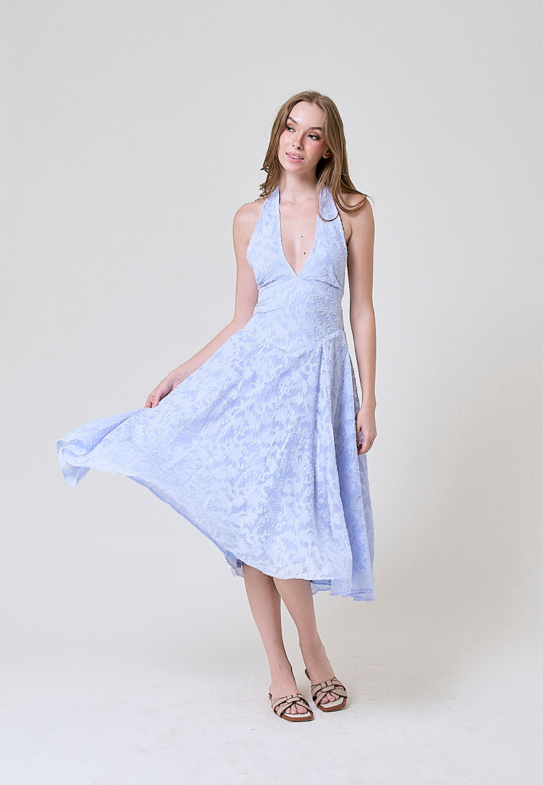 Iggy Light Blue Floral Pattern Halter Midi Dress