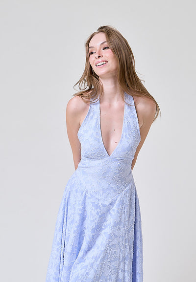 Iggy Light Blue Floral Pattern Halter Midi Dress