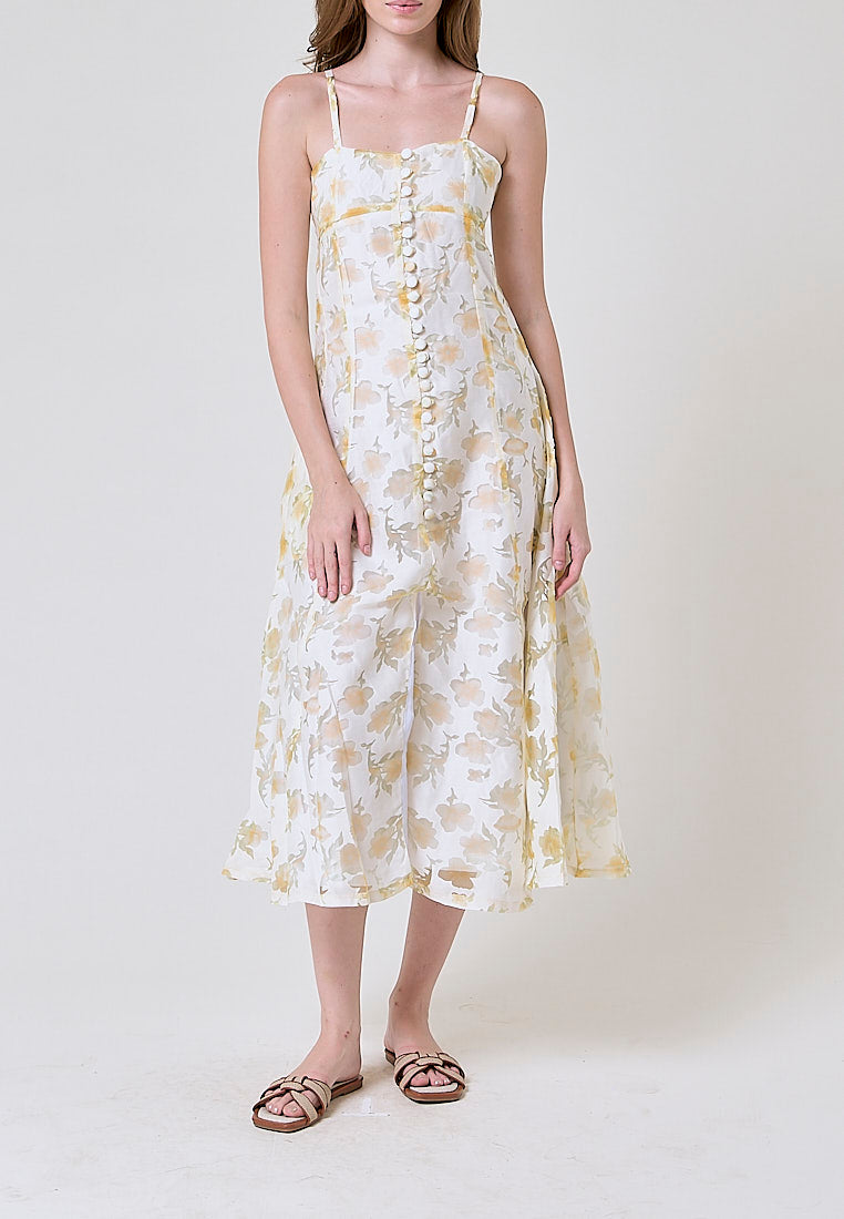 Devora Pastel Yellow Floral Lace Button Closure Front Slit Midi Dress