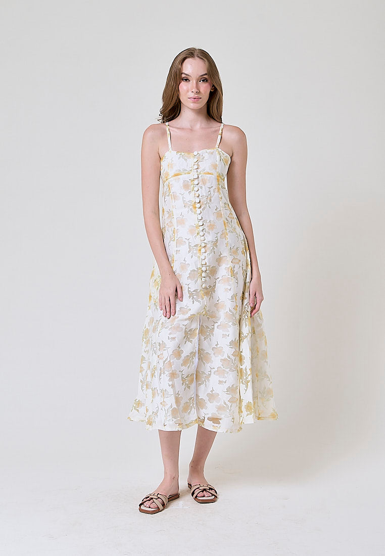 Devora Pastel Yellow Floral Lace Button Closure Front Slit Midi Dress