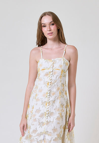 Devora Pastel Yellow Floral Lace Button Closure Front Slit Midi Dress