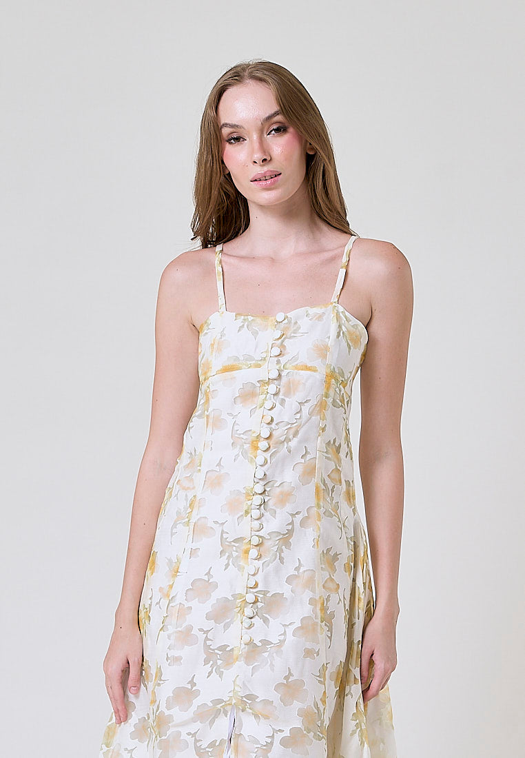 Devora Pastel Yellow Floral Lace Button Closure Front Slit Midi Dress