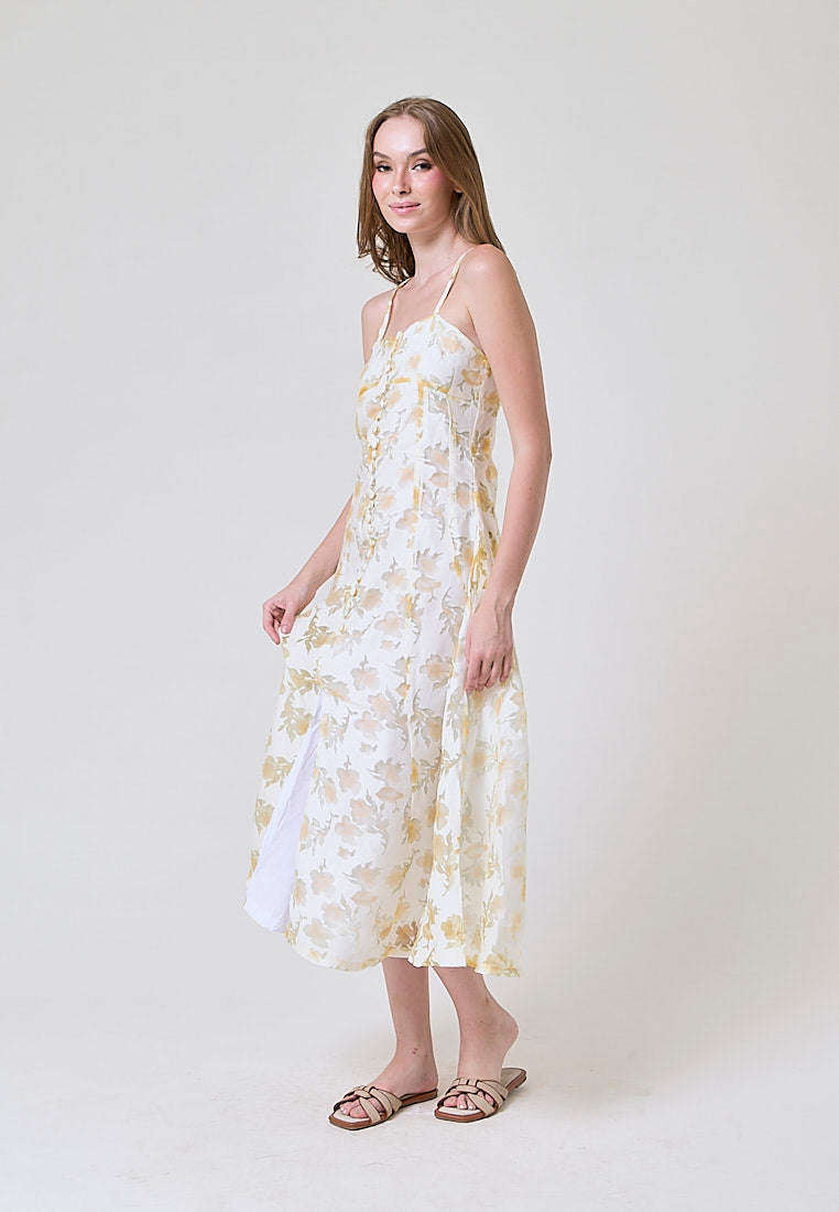 Devora Pastel Yellow Floral Lace Button Closure Front Slit Midi Dress