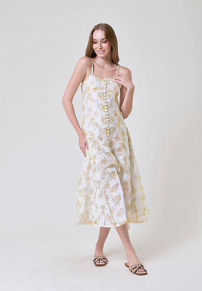 Devora Pastel Yellow Floral Lace Button Closure Front Slit Midi Dress