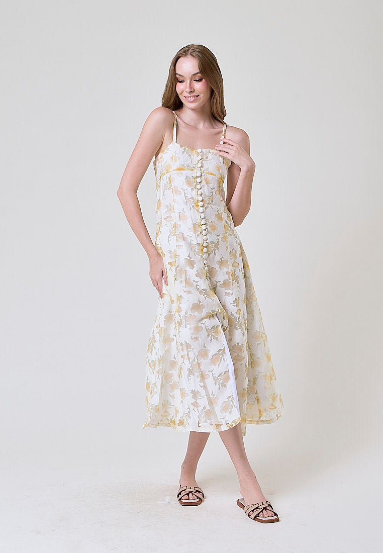 Devora Pastel Yellow Floral Lace Button Closure Front Slit Midi Dress