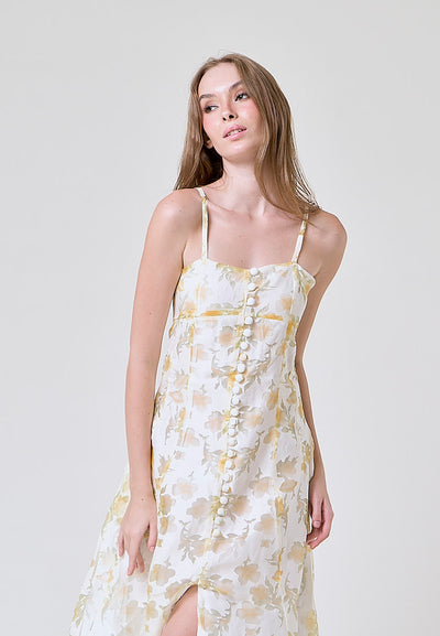 Devora Pastel Yellow Floral Lace Button Closure Front Slit Midi Dress