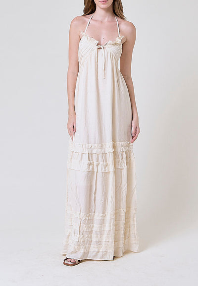 Heinrich Beige Back Hollow Out Sweet Ruffle Maxi Dress