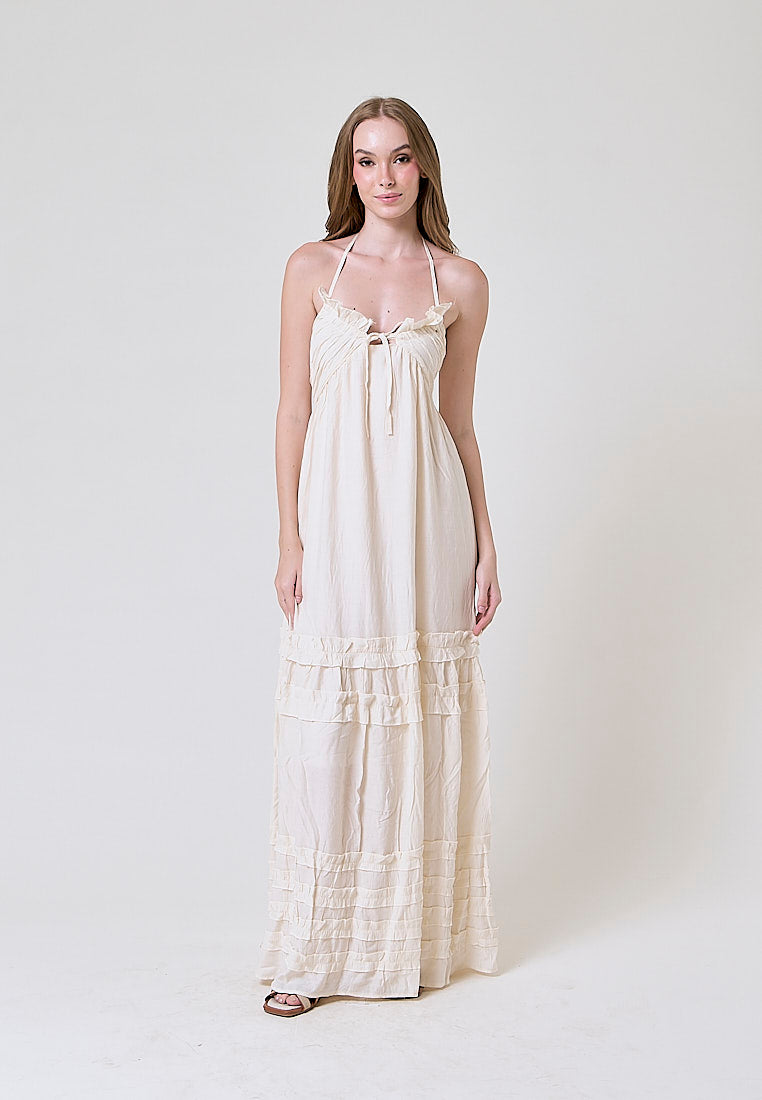 Heinrich Beige Back Hollow Out Sweet Ruffle Maxi Dress