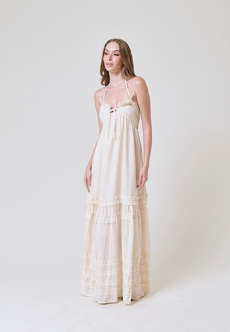 Heinrich Beige Back Hollow Out Sweet Ruffle Maxi Dress