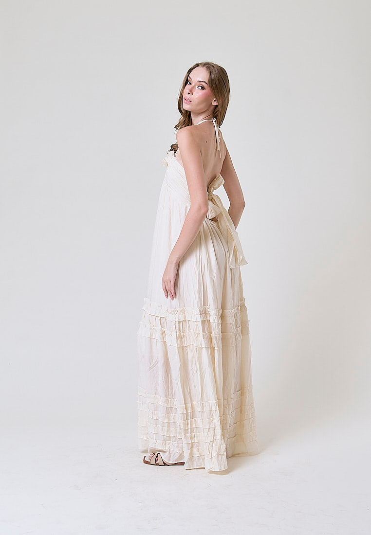 Heinrich Beige Back Hollow Out Sweet Ruffle Maxi Dress