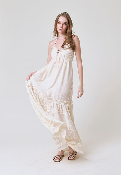 Heinrich Beige Back Hollow Out Sweet Ruffle Maxi Dress