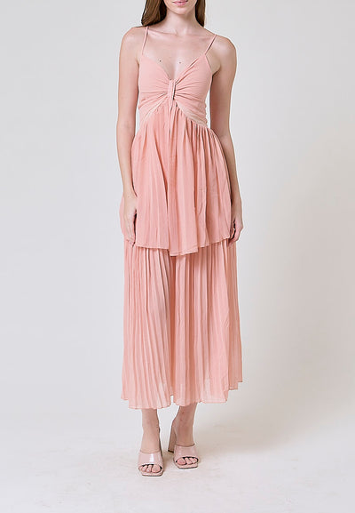 Marga Pastel Pink Hollow Out Waist Pleated Maxi Dress