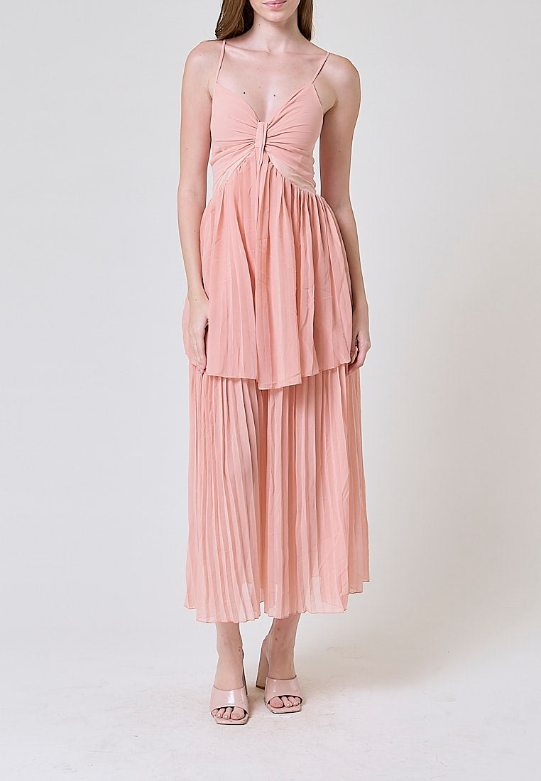 Marga Pastel Pink Hollow Out Waist Pleated Maxi Dress