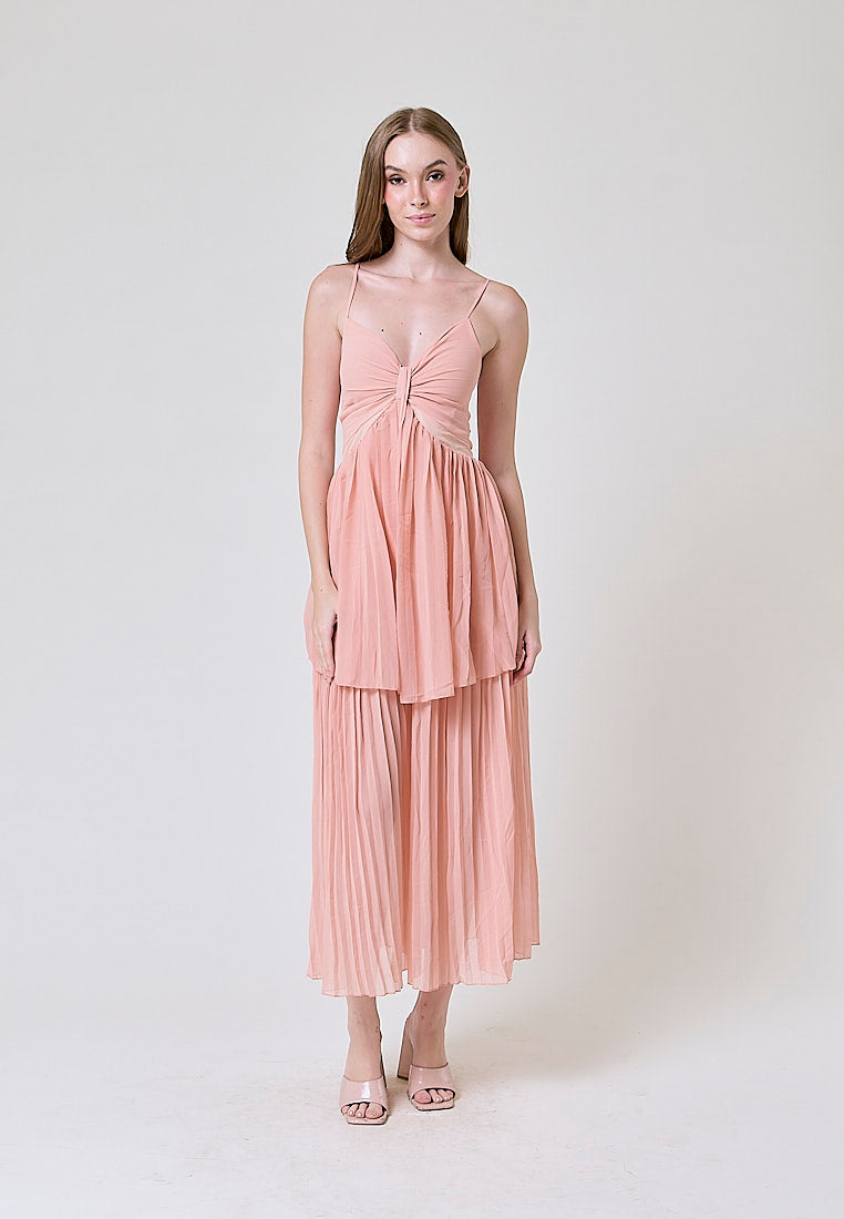 Marga Pastel Pink Hollow Out Waist Pleated Maxi Dress