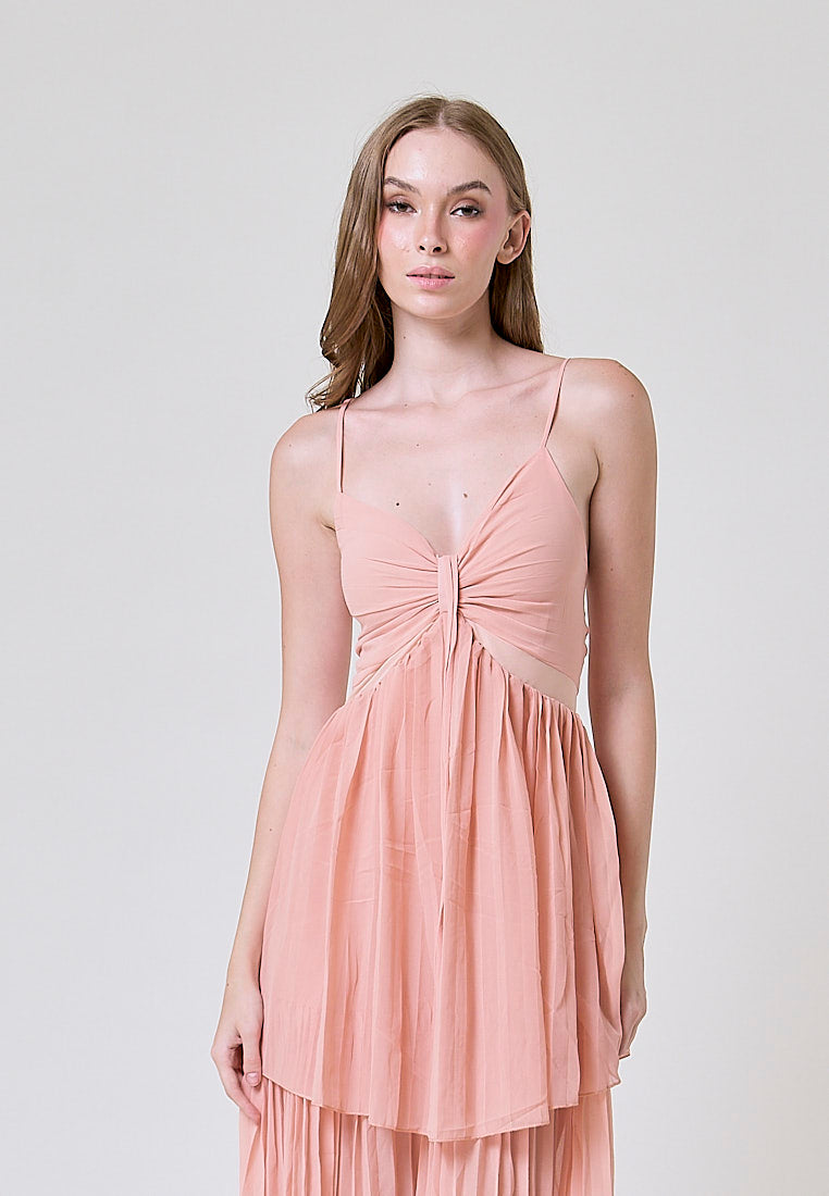 Marga Pastel Pink Hollow Out Waist Pleated Maxi Dress