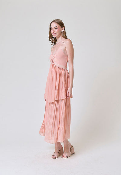 Marga Pastel Pink Hollow Out Waist Pleated Maxi Dress