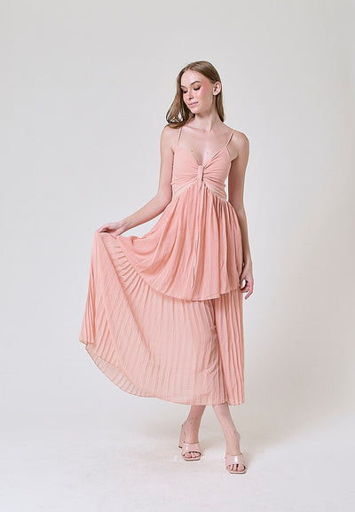 Marga Pastel Pink Hollow Out Waist Pleated Maxi Dress