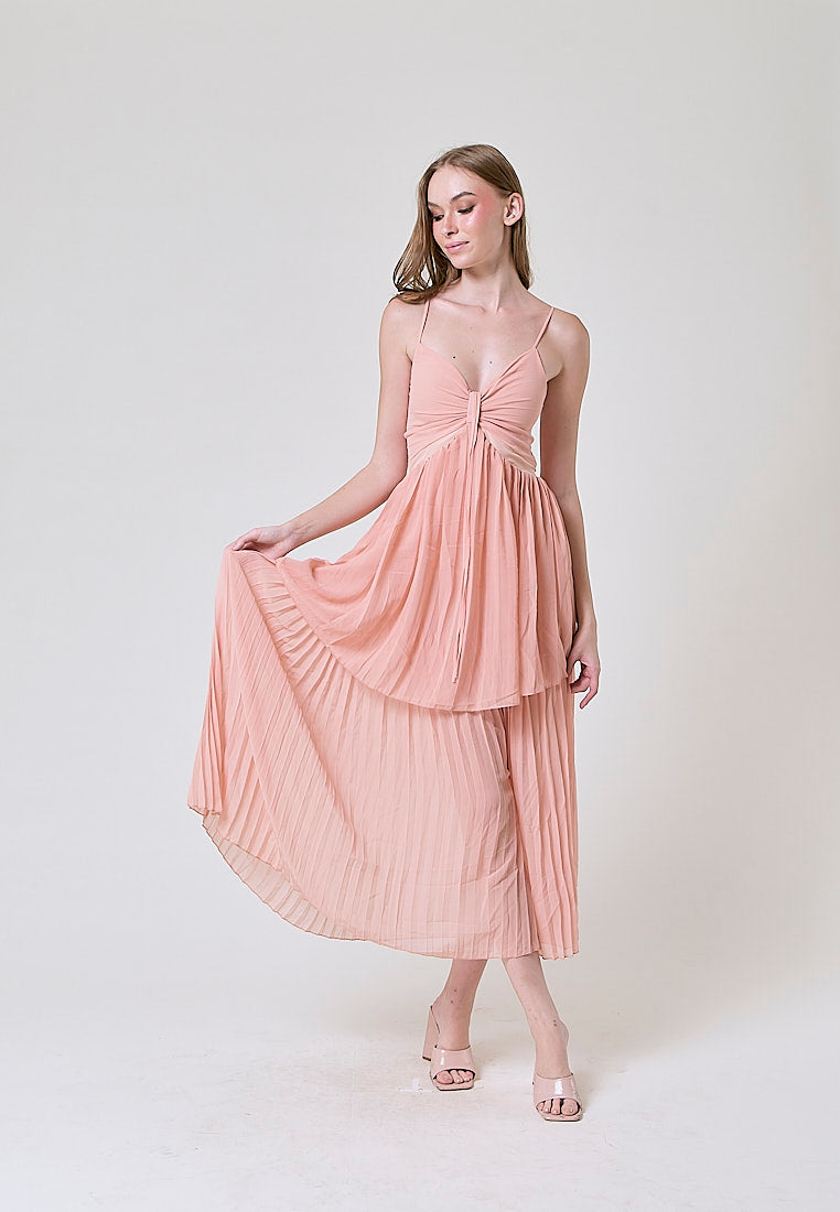 Marga Pastel Pink Hollow Out Waist Pleated Maxi Dress