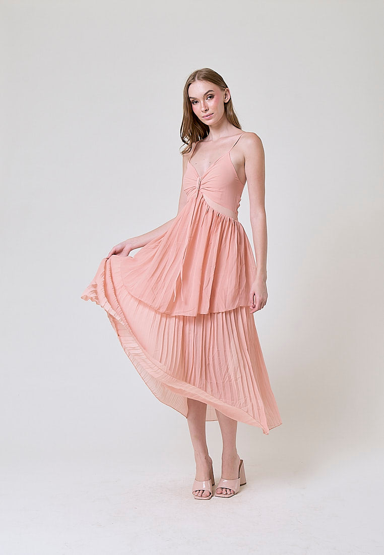 Marga Pastel Pink Hollow Out Waist Pleated Maxi Dress