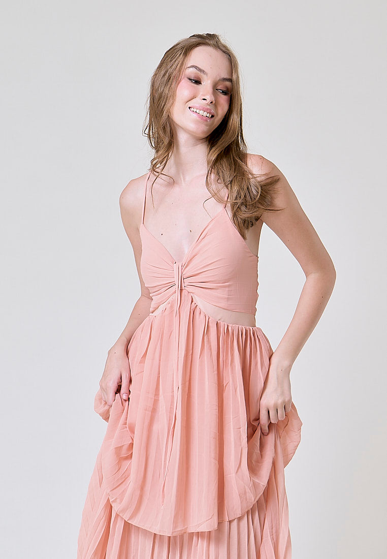 Marga Pastel Pink Hollow Out Waist Pleated Maxi Dress