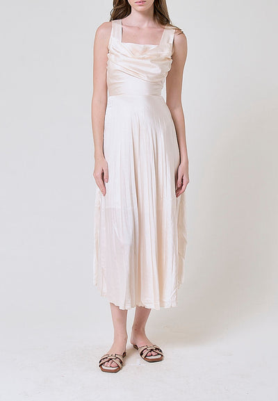 Janiza Beige Shoulder Strap Pleated Midi Dress