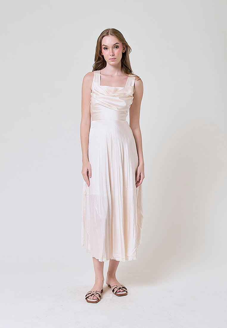 Janiza Beige Shoulder Strap Pleated Midi Dress