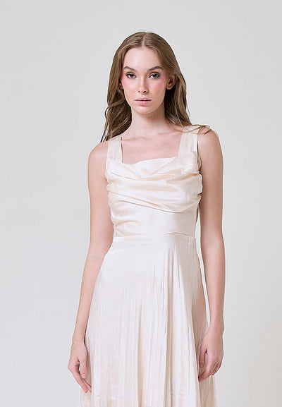 Janiza Beige Shoulder Strap Pleated Midi Dress