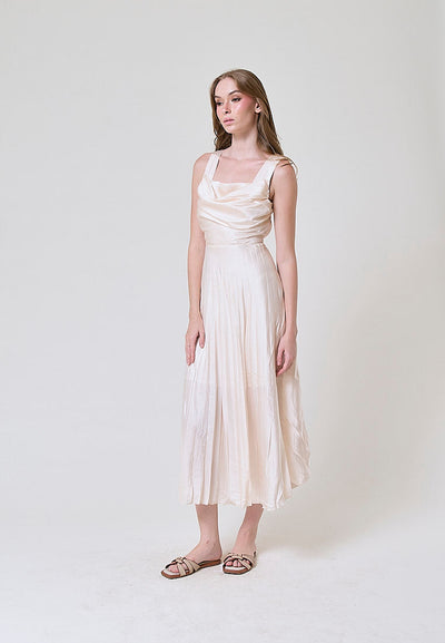 Janiza Beige Shoulder Strap Pleated Midi Dress