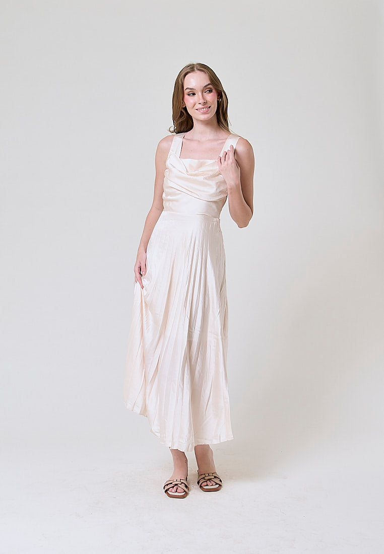 Janiza Beige Shoulder Strap Pleated Midi Dress