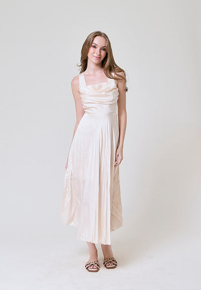 Janiza Beige Shoulder Strap Pleated Midi Dress