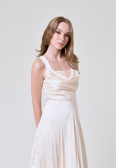 Janiza Beige Shoulder Strap Pleated Midi Dress