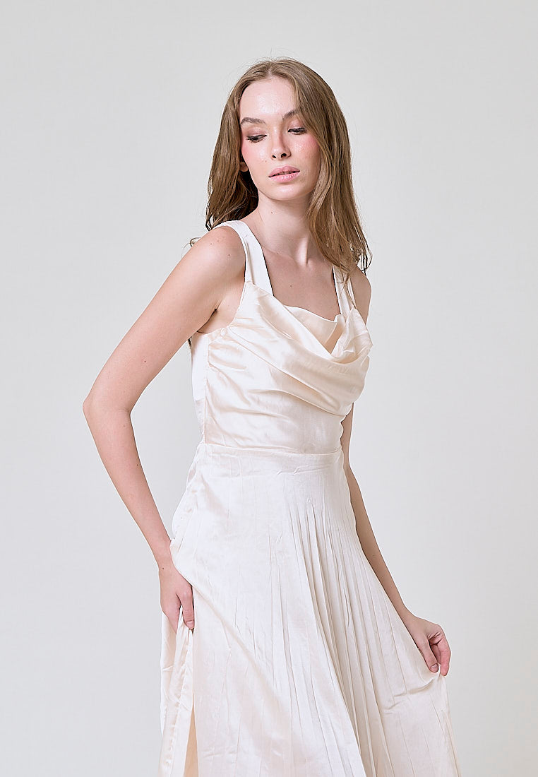 Janiza Beige Shoulder Strap Pleated Midi Dress