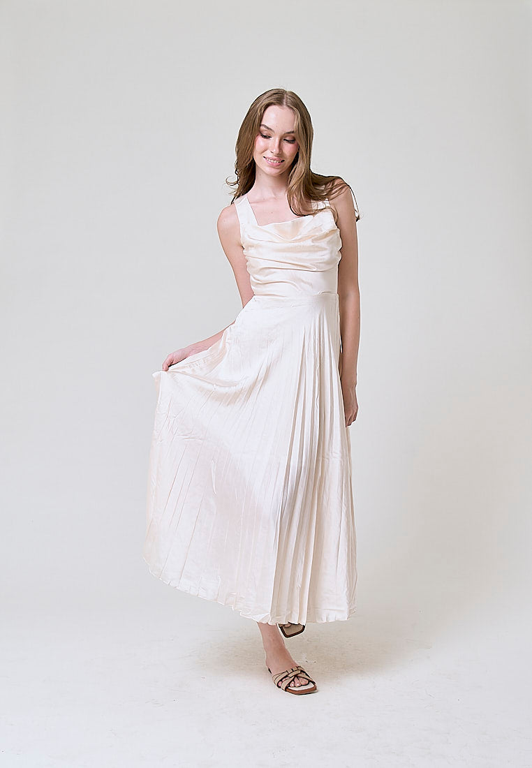 Janiza Beige Shoulder Strap Pleated Midi Dress