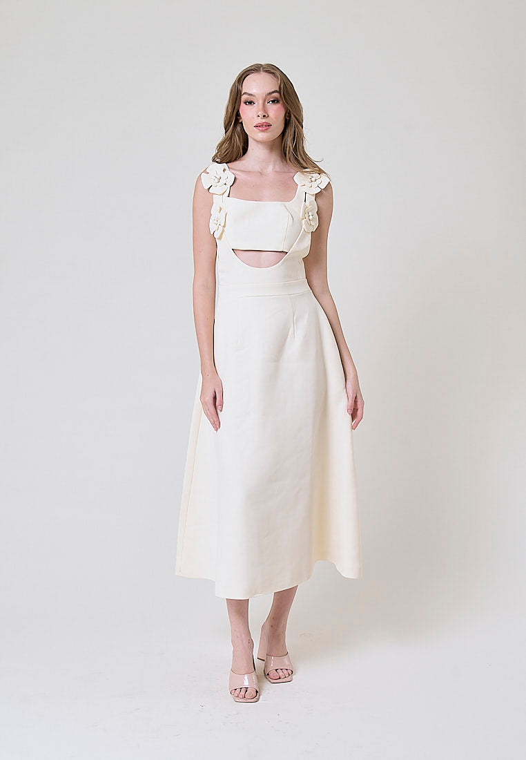 Cassidy Cream  Tiered With Flower Applique Details Midi Dress