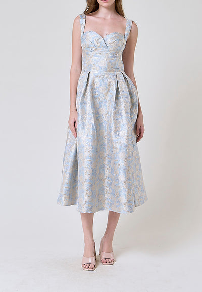 Ludovica Ash Blue Floral Pattern Midi Dress